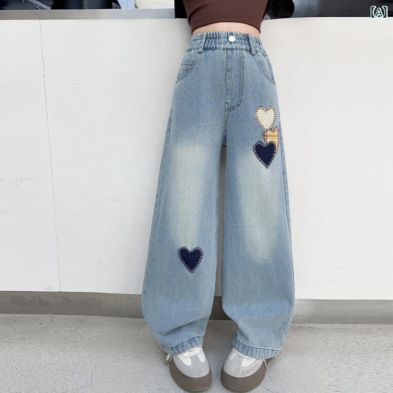 デニムパンツ 女の子 キッズ ジュニア 春夏 アップリケ 刺繡 ハート ワイド ストレート ロング丈 カジ..