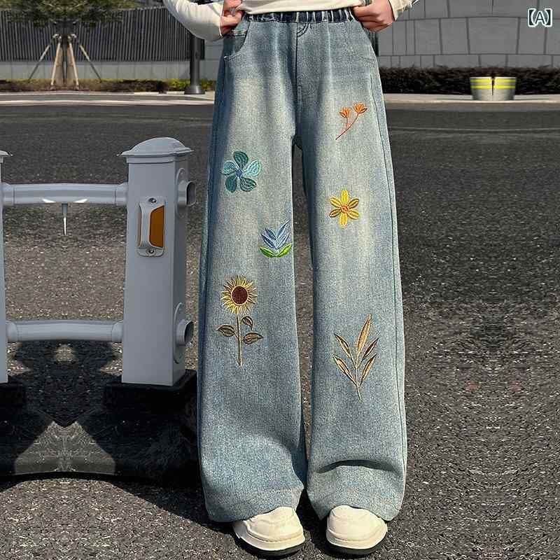 ・スタイル: 韓国・主な素材: デニム・丈: 長ズボン・素材構成: ポリエステル80%・対象性別: 女の子・対象年齢: 8歳以上、身長140cm以上向け・カテゴリ: キッズジーンズ・生地加工: 柔軟加工・柄: 刺繍・テイスト: トレンド・ウ...