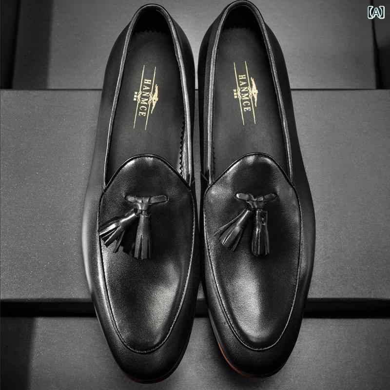 ローファー メンズ 男性用 イタリアンレザー 本革 子牛革 ビジネス カジュアル 普段使い 韓国風 ラウンドトゥ タッセル スリッポン 通気性 ローヒール 天然皮革インソール ラバーソール ブラック 黒 ブラウン 茶色