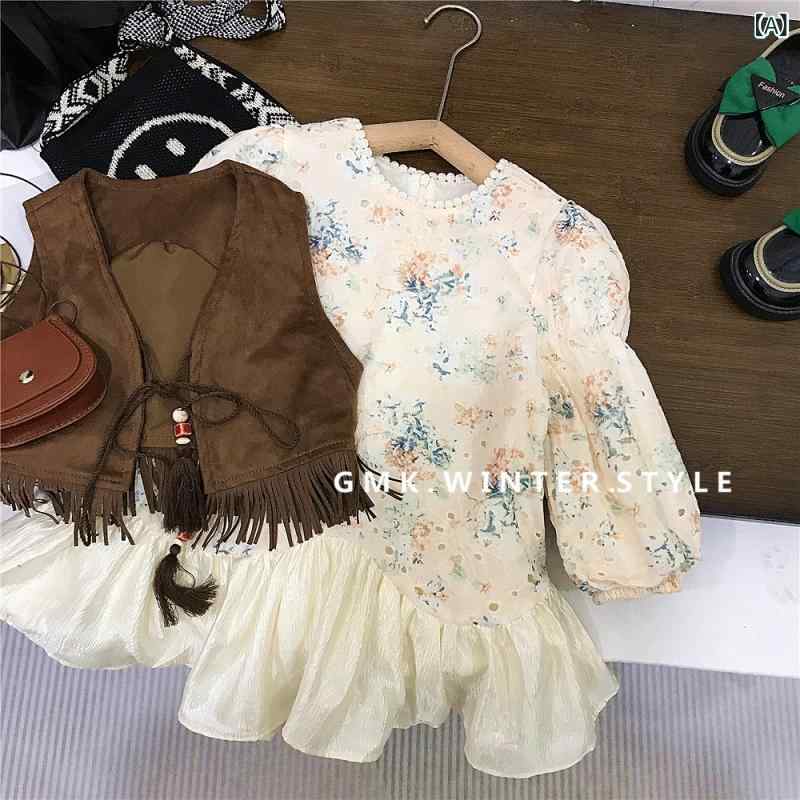 ワンピース キッズ 女の子 韓国風 ベスト 2点セット 秋物 スエード調 フリンジ付き 柔らかい肌触り 長袖 プルオーバー 無地 綿混 ポリエステル