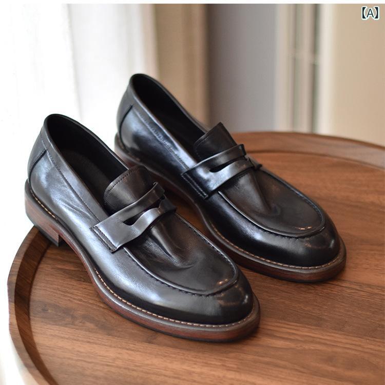 シューズ メンズ 男性用 ローファー スリッポン 本革 牛革 カジュアル ビジネス ウォッシュ加工 ビンテージ加工 ブラック 黒 ラウンドトゥ ゴム底 縫製 快適 履きやすい 万能 普段使い 通勤