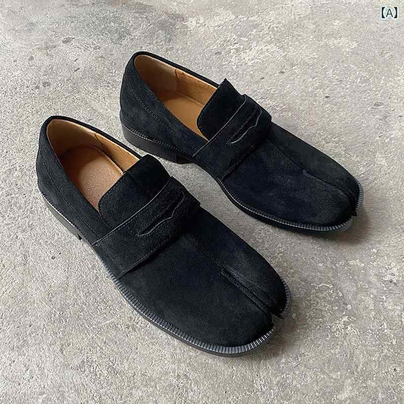 ローファー ユニセックス レトロ 本革 スエード 足袋型 フラット ぺたんこ ホースビット飾り 大きいサイズ 普段使い デイリーユース ブラック ブラウン