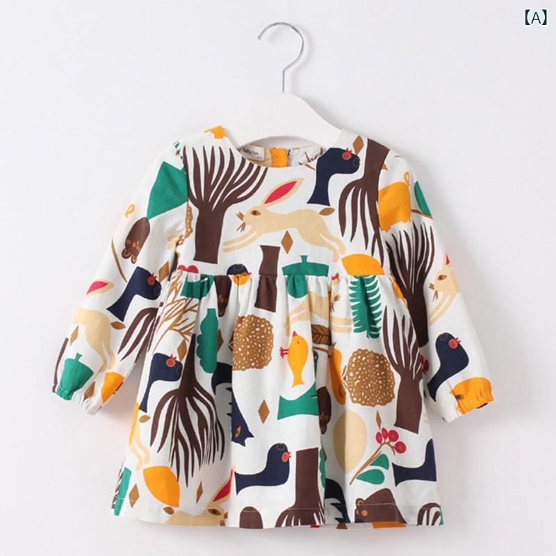 ワンピース 女の子 キッズ 長袖 カートゥーン 動物柄 アニマル総柄 春秋 Aライン フレアスカート 綿 コットン 韓国風 カジュアル 普段使い お出かけ 通園 通学 ホワイト ネイビー