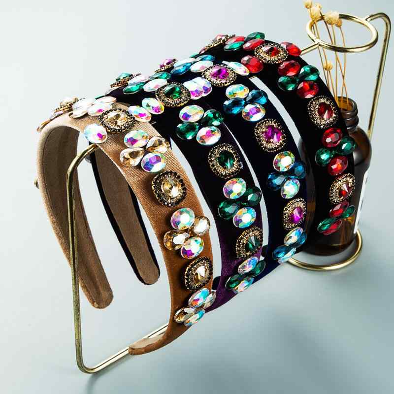 カチューシャ レディース レトロ 欧米風 ファッション ヘッドバンド 黒 ベロア カラフルラインストーン..