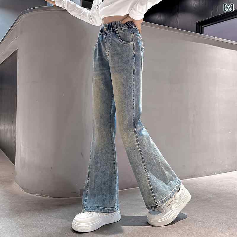パンツ キッズ 女の子 デニムパンツ ジーパン ジーンズ ラッパズボン ロングパンツ 春秋 伸縮性 ストレッチ スリム ウエストゴム ウエストゴム カジュアル 通学 通園 おしゃれ