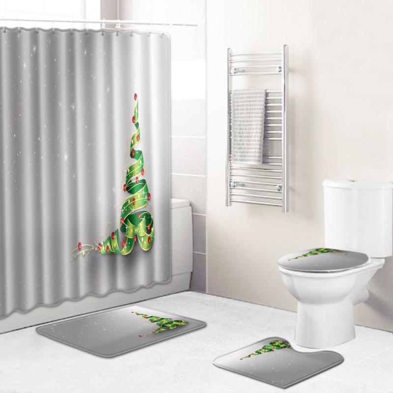 バスマットセット クリスマス柄 シャワーカーテン バスマット U字型トイレマット トイレ蓋カバー 浴室 ポリエステル 洗濯機対応 丸洗いOK 4点セット