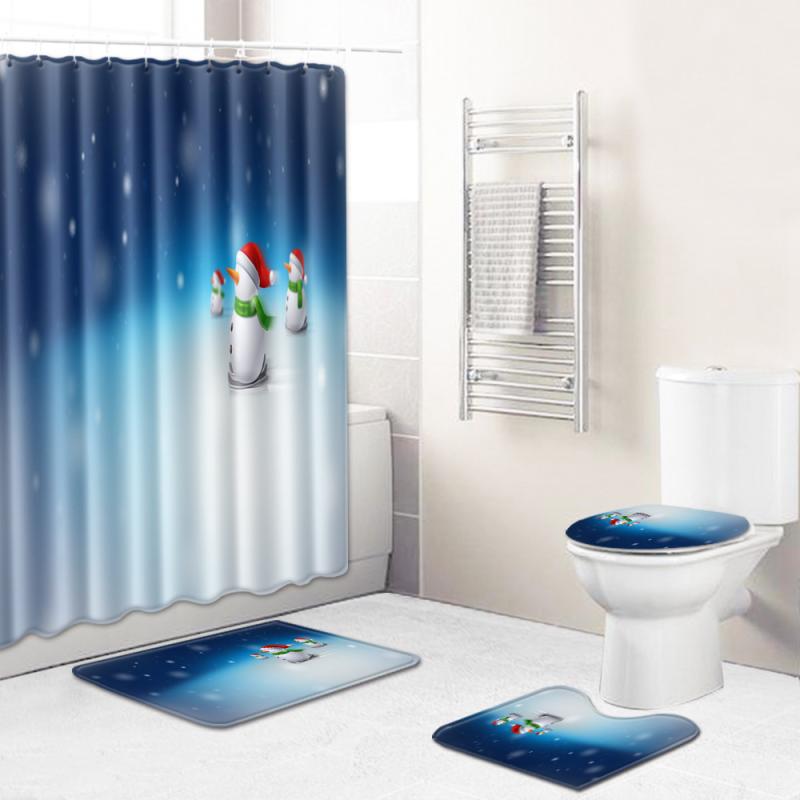 バスルームセット クリスマス柄 シャワーカーテン バスマット トイレフタカバー トイレ足元マット 4点セット ポリエステル製 洗濯機対応 滑り止め おしゃれ かわいい 家庭用