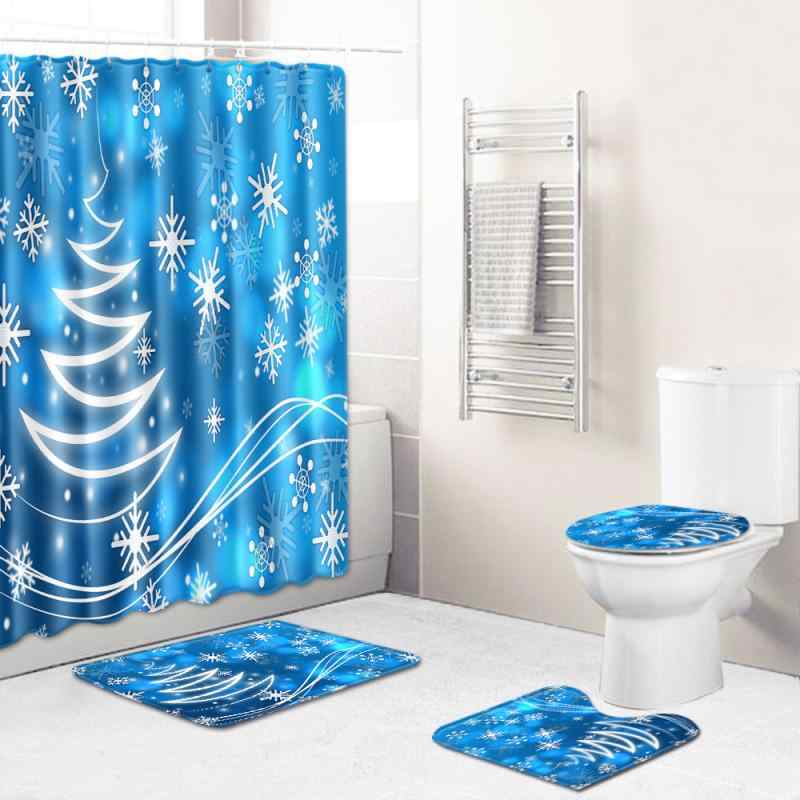 浴室セット クリスマス柄 シャワーカーテン バスマット トイレフタカバー トイレ足元マット 4点セット ポリエステル 洗濯機対応 丸洗い バスルーム インテリア