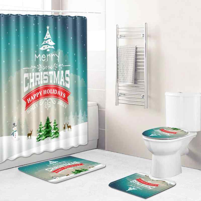 バス用品 クリスマス柄 シャワーカーテン バスマット トイレマット フタカバー 4点セット ポリエステル 洗える 速乾 滑り止め 抗菌防臭 浴室 お風呂 洗面所用