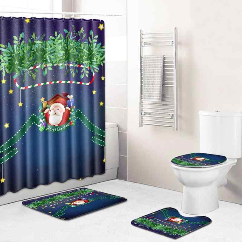 バス用品 クリスマス シャワーカーテン トイレ敷物 シャワー室 足元カバー フロアラグ 4点セット ポリエステル製 洗える 滑り止め クリスマス柄 浴室 洗面所