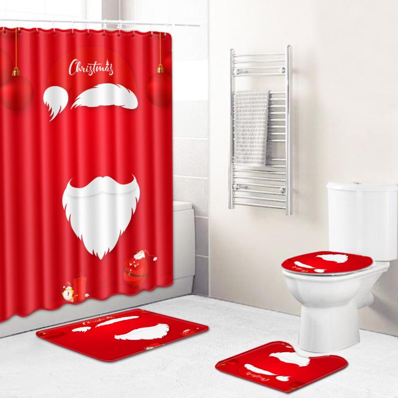 シャワーカーテン バスマット トイレマット 4点セット クリスマスデザイン 浴室 トイレ 足元マット ポリエステル 吸水 速乾 洗える 丸洗い 滑り止め モダン