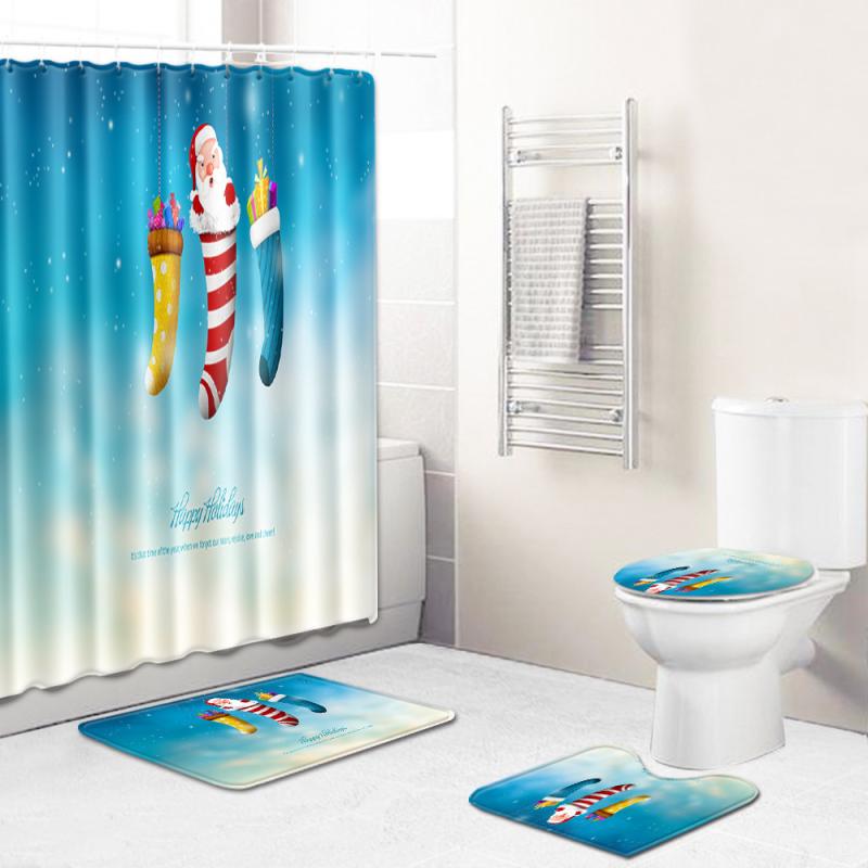 バスルームセット クリスマス柄 シャワーカーテン バスマット 便座カバー トイレマット 4点セット ポリエステル素材 ウォッシャブル 家庭用 普段使い おしゃれ インテリア雑貨
