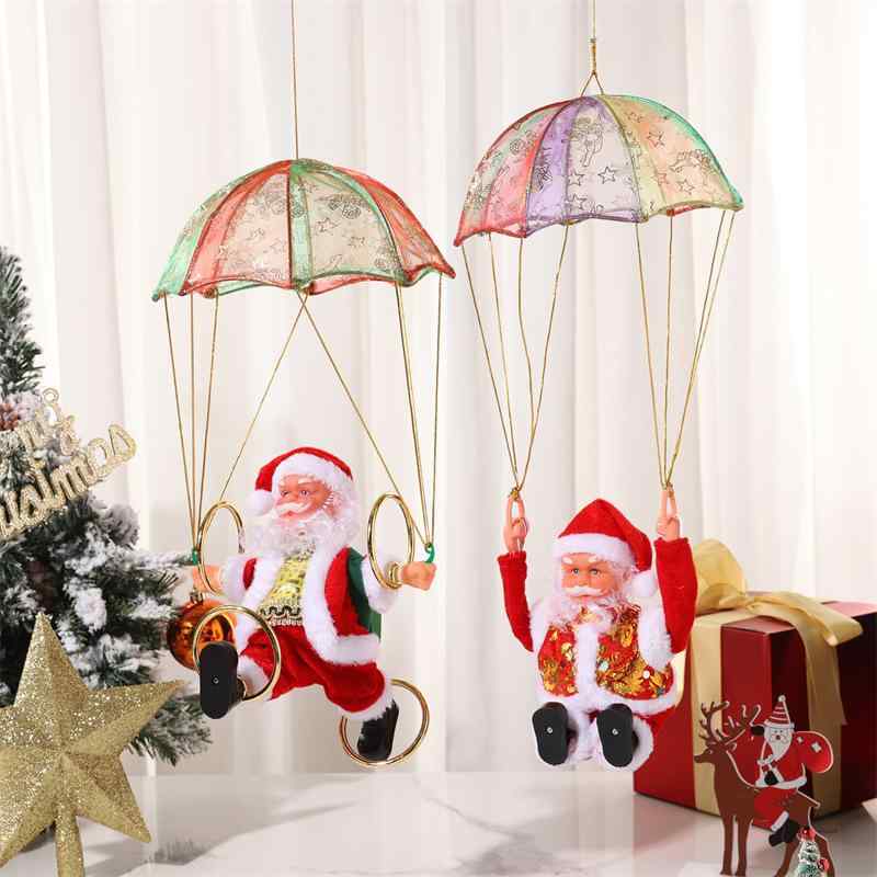 クリスマス飾り サンタクロース 電動 音楽 ライト付き パラシュート降下 宙返り 海外 新商品 プレゼント ギフト おもちゃ 装飾 プラスチック製 玩具