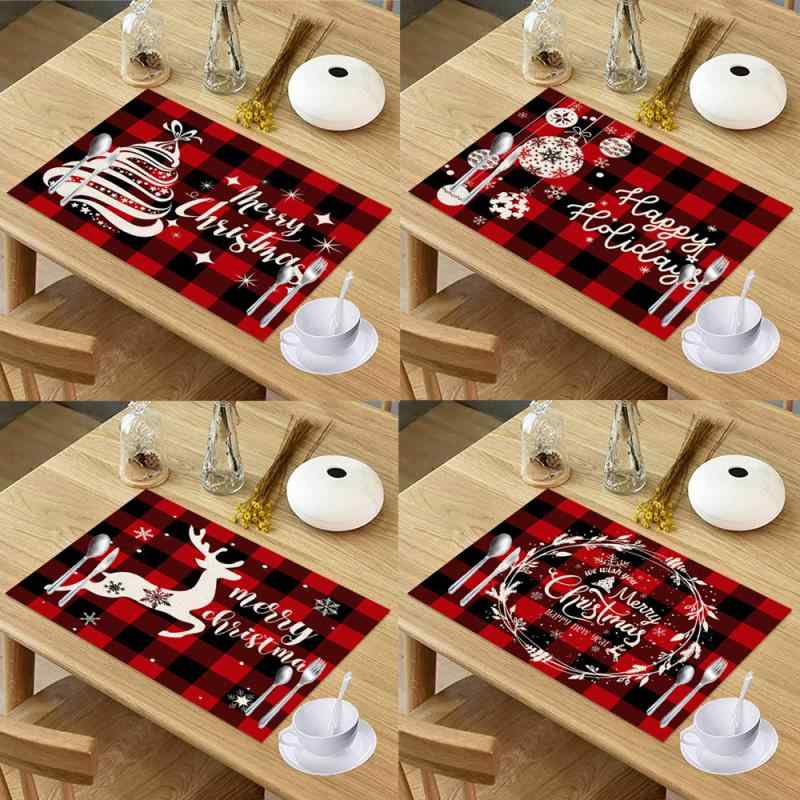 ランチョンマット クリスマス 格子柄 防水 防汚 麻 リネン素材 テーブルクロス 洗える 食卓 ダイニング おしゃれ 北欧 シンプル 42x32cm(x4)
