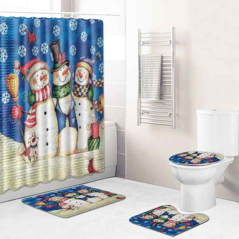 バスルームセット クリスマス 防水 シャワーカーテン 吸水 滑り止め フロア敷物 玄関足元 吸水カーペット 4点セット ポリエステル繊維 モダン シンプル 長方形 洗える ウォッシャブル 浴室 お風呂 脱衣所 シャワールーム