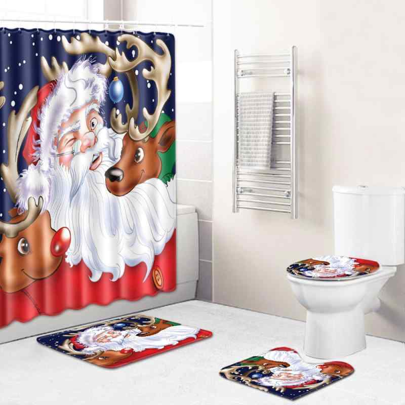 バスルームセット クリスマス 4点セット シャワーカーテン トイレマット 玄関マット 寝室ラグ ポリエス..