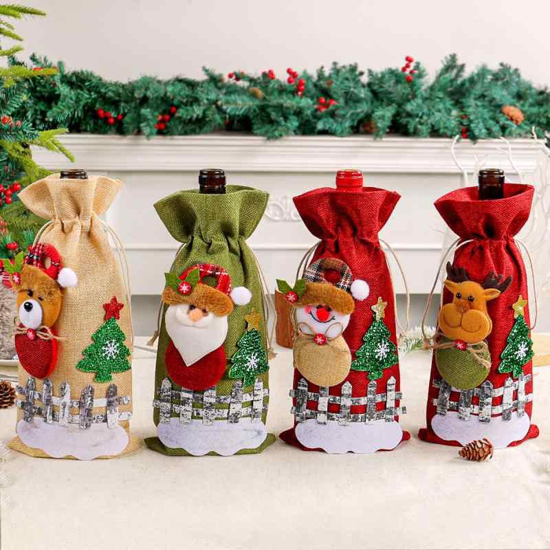クリスマス ワインボトルカバー 麻 ジュート製 巾着袋 ナチュラルテイスト サンタ 雪だるま トナカイ クマ アップリケ パーティー装飾 プレゼント