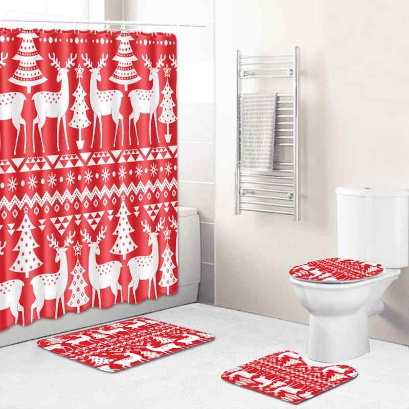 シャワーカーテンセット クリスマス柄 3Dデジタルプリント 4点セット バスルーム 玄関 トイレ バスマット 玄関マット トイレマット 防水 防滑 吸水 ポリエステル 洗濯可能