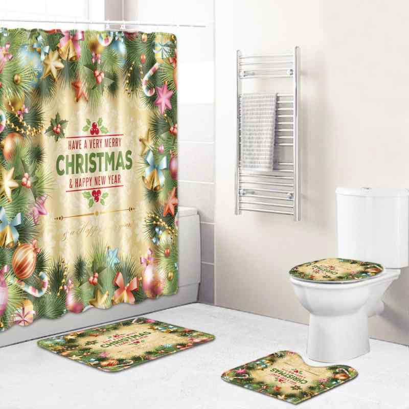 クリスマス 家庭用 インテリア 4点セット 防水 ポリエステル製 シャワーカーテン トイレ 玄関 リビング 寝室 フロアマット