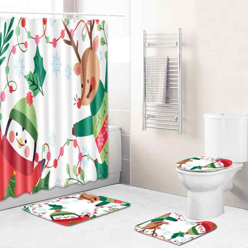 バスルーム4点セット クリスマス シャワーカーテン トイレマット 玄関マット 寝室ラグ リビング 子供部屋 ポリエステル 滑り止め 洗え..