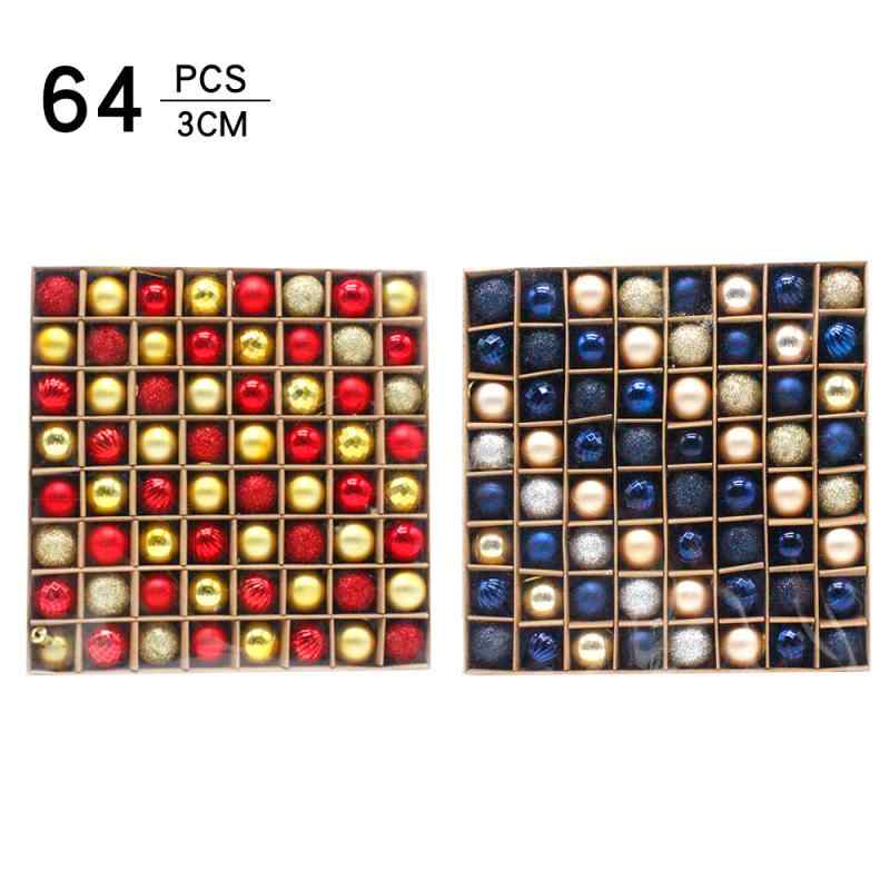 オーナメント 吊り下げ飾り 変形 装飾ボール セット 3cm 64個入り 割れにくい プラスチック製 紙箱 青金 赤金 モノトーン おしゃれ ツリーデコレーション