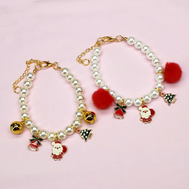 ペットネックレス 猫 犬 小型犬 子猫 パール リボン 鈴付き クリスマス かわいい おしゃれ 軽量 イベント お散歩 普段使い 首輪 アクセサリー(x2)