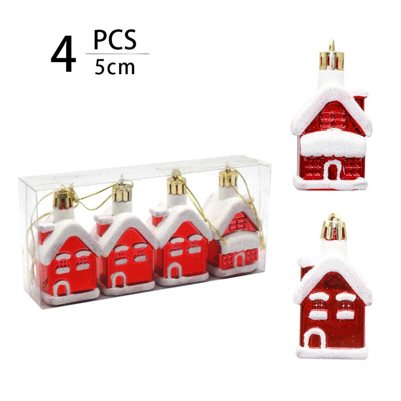 クリスマスボール 個性派 カラフル ペイント プラスチック製 5cm 4個セット ミニハウス ツリーオーナメント レッド ゴールド シルバー グリーン ブルー ローズ デコレーション 飾り付け