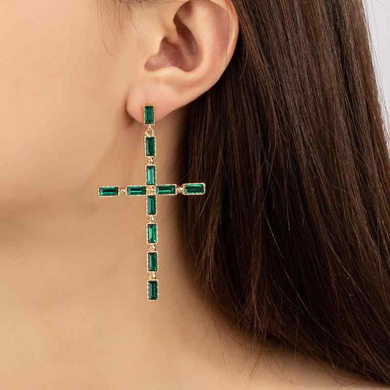 ピアス レディース クロス ジルコニア スタッドピアス 大きめ 合金製 おしゃれ 欧米風 ハロウィン クリスマス イベント パーティー ファッション小物 ブラック グリーン(4)