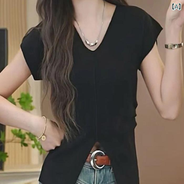 ニットトップス レディース Vネック 半袖 アシンメトリー ウエストマーク スリット プリーツ 接触冷感 着痩せ 小柄 スリムフィット ショート丈 フェミニン きれいめ 春夏 レーヨン混 薄手 ブラック カーキ(4.0)