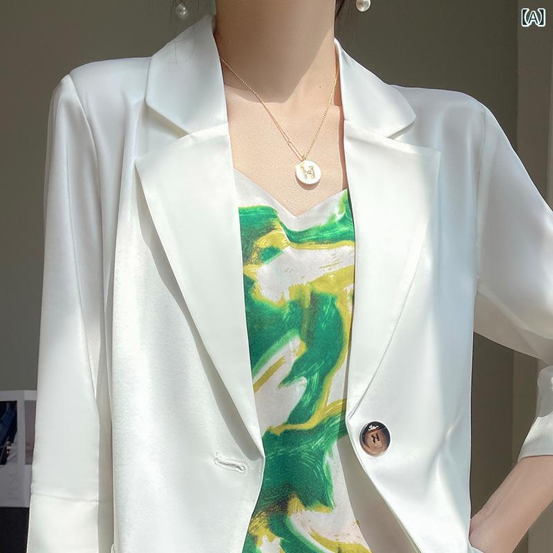Other - ジャケット レディース 女性用 春夏 薄手 軽量 オフィス ビジネス 通勤 キャリア テーラード ブレザー アセテートサテン生地 七分袖 ゆったり リラックスフィット ホワイト シャンパンゴールド ブロンズ ブラック