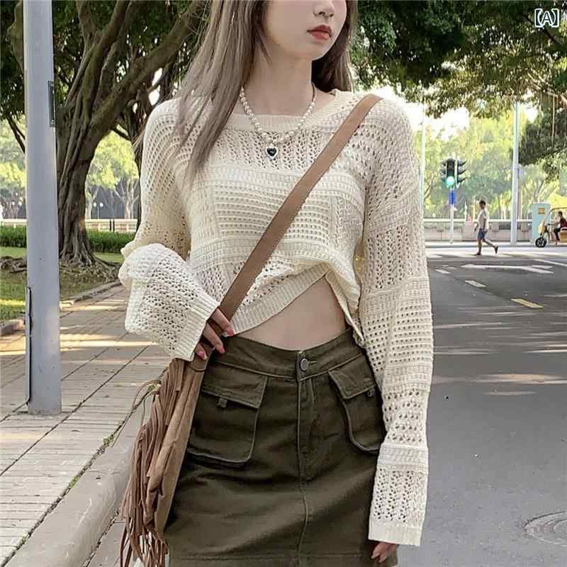 ニット レディース 春夏 透かし編み シアー 薄手 クルーネック 長袖 ショート丈 無地 ゆったり UV対策 ..