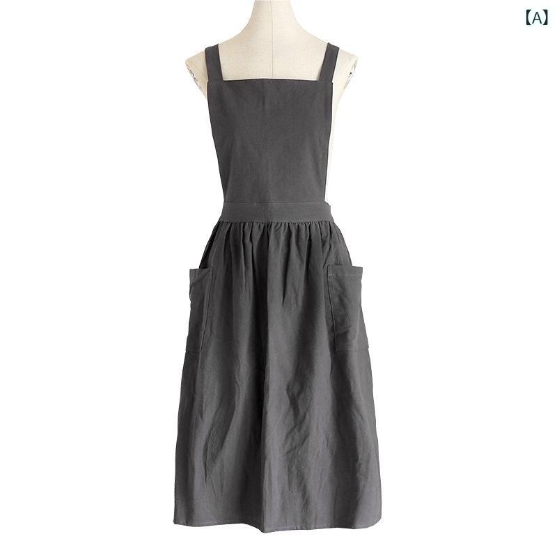 エプロン レディース 女性用 肩掛け H型 日式 綿100% コットン カフェ 花屋 ネイルサロン キッチン 作業着 ワークウェア 料理 普段使い 業務用 ロング丈 防汚 無地 ナチュラル フリーサイズ