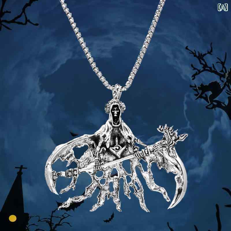 ネックレス メンズ レディース ユニセックス ハロウィン ゴシック パンク ロック スカル 髑髏 デスサイズ 死神の鎌 パンプキン 合金製 電気メッキ スネークチェーン ロング 個性的 ダークファッション