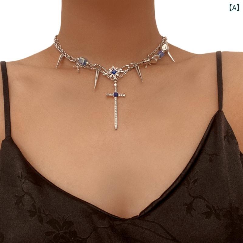 ネックレス レディース 欧米風 パンク 十字架 スタッズ ブルー ジルコニア 重厚感 ヒップホップ チョーカー 鎖骨チェーン 個性的 合金 電気メッキ加工