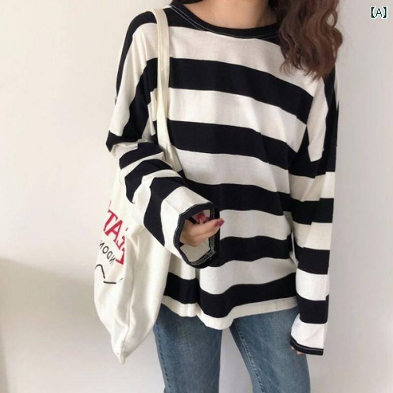 Rakuten - Tシャツ レディース 長袖 カットソー トップス ゆったり ルーズフィット オーバーサイズ ストライプ ボーダー 韓国風 原宿風 ボーイフレンド風 カジュアル ポリエステル クルーネック 普段使い ブラック ピンク ブルー