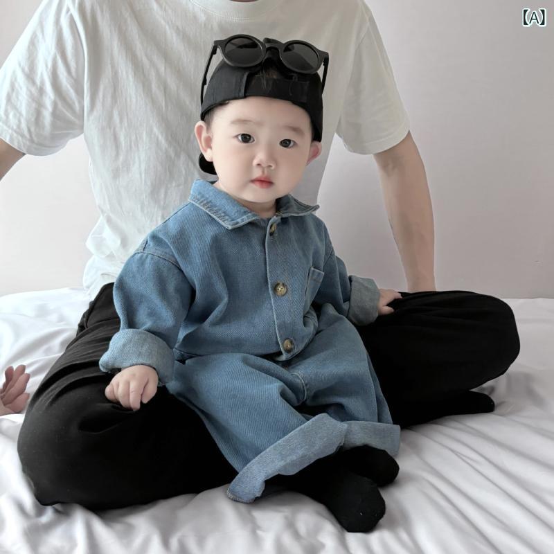 ロンパース ベビー 男の子 男児 デニム 長袖 春秋 韓国ファッション カバーオール つなぎ 前開き 普段着 お出かけ 幼児服