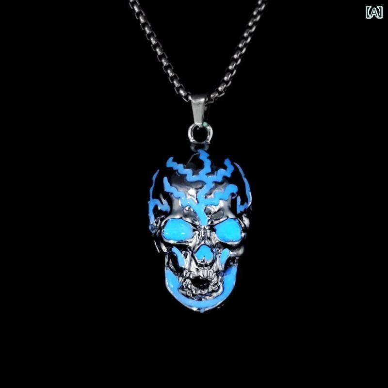 ネックレス メンズ 男性用 スカル ドクロ ダークモチーフ ヒップホップ ストリート系 蓄光 ロング 合金製 電気メッキ加工 欧米風 個性派 ユニーク クール ファッション ペンダント