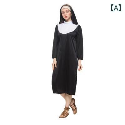 コスプレ 女性用 修道女 シスター ローブ ガウン ロング丈 衣装 パーティー イベント ハロウィン クリスマス 演劇 舞台 仮装 欧米風 ゴシック 中世風 再生繊維 ポリエステル 黒 ブラック 十字架モチーフ