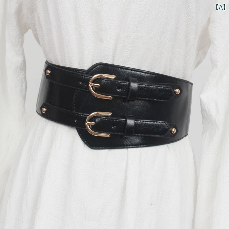 ウエストマークベルト レディース 女性用 秋冬 幅広 レトロ ダブルバックル 伸縮性 高級感 フェイクレ..