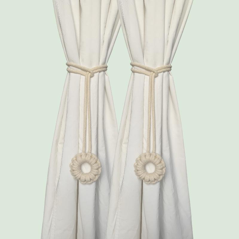 カーテンタッセル 高級感 上質 結び紐 ホルダー ベッドカーテン 蚊帳 天然木色 木製リング フック コットンロープ オフホワイト 生成り モダン シンプル リビング 寝室 おしゃれ