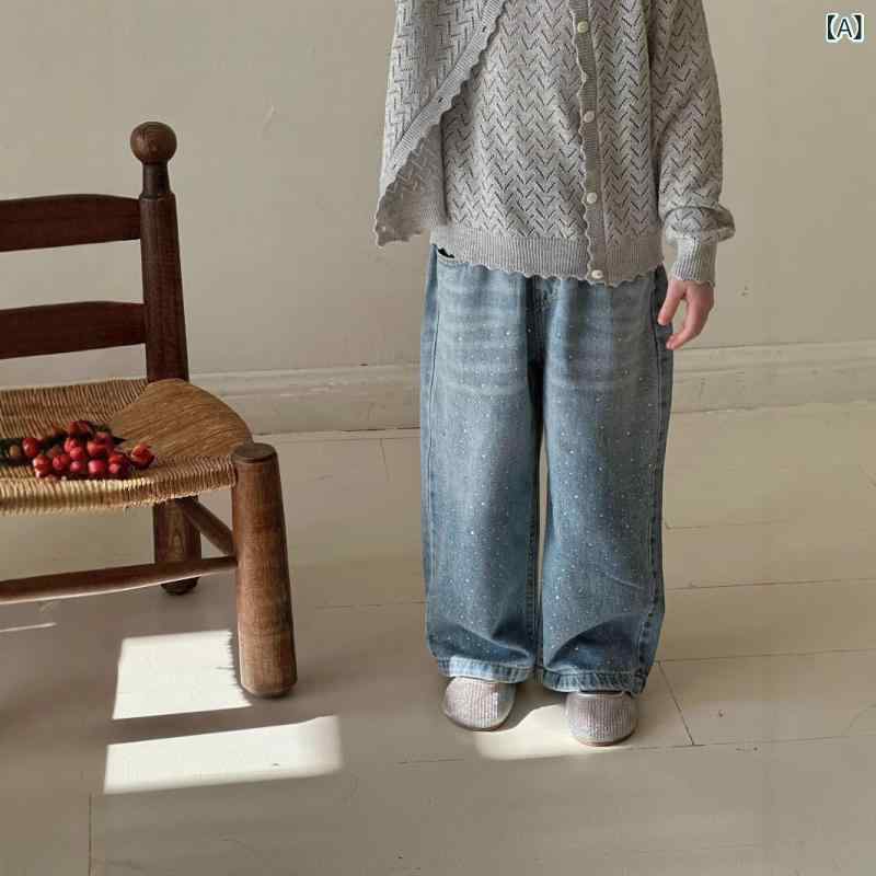 デニムパンツ 女の子 春秋 ラインストーン ストレート ゆったり かわいい おしゃれ 韓国風 キッズ コッ..