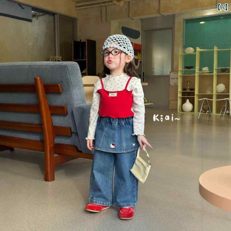 デニムパンツ キッズ 女の子 春秋 長ズボン 花柄 レース 綿素材 韓国ファッション カジュアルスタイル おしゃれ かわいい 普段着 お出かけ