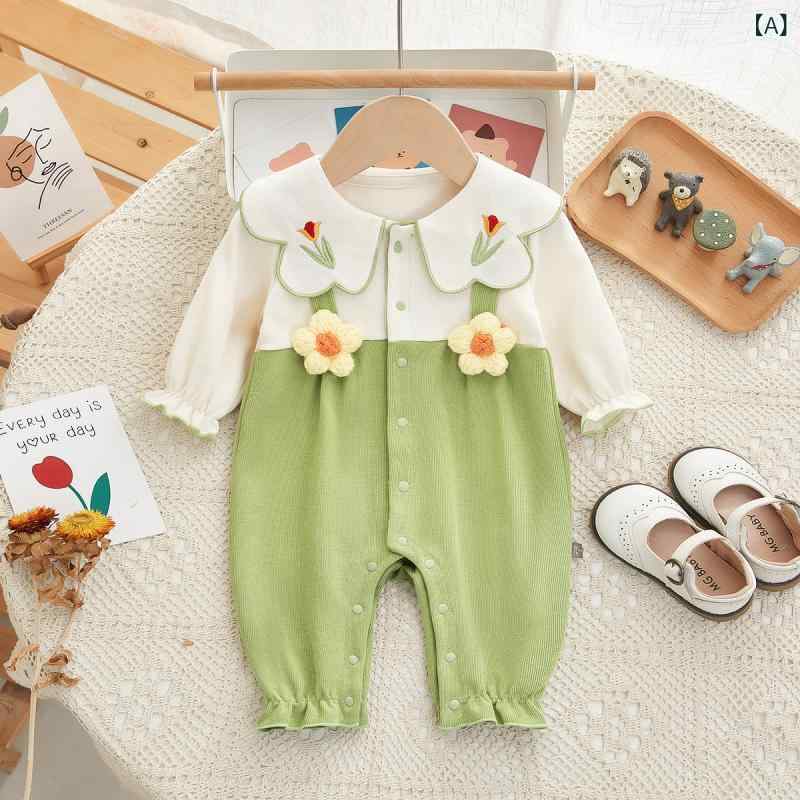 Coverall - ロンパース ベビー 女の子 新生児 春秋 花刺繍 ワンポイント 長袖 前開き 綿 再生繊維 かわいい 韓国風