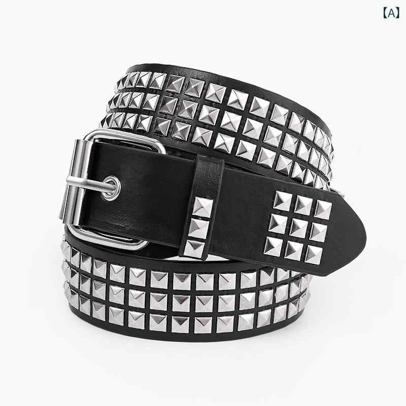 ベルト レディース フェイクレザー ピンバックル パンク ゴシック サブカルチャー サイバーY2K ストリート ロック ヒップホップ ウエストベルト ピラミッドスタッズ 四角スタッズ カジュアル ブラック ホワイト ブラウン ヒョウ柄 ゼブラ柄