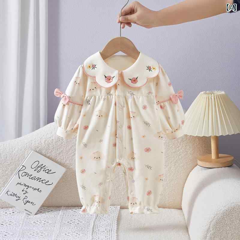 ロンパース ベビー 女の子 新生児 春秋 コットン 小花柄 長袖 前開き スナップボタン アプリコット ベ..
