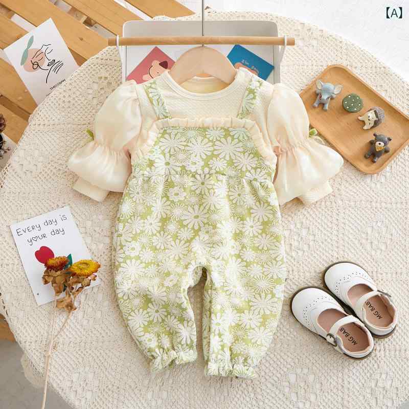 ロンパース 女の子 新生児 ベビー ガールズ 秋冬 裏起毛 厚手 小花柄 パフスリーブ 再生繊維 あったか かわいい 安心 グリーン 韓国風 カバーオール