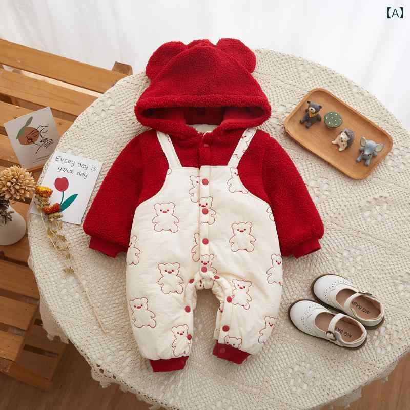 ロンパース ベビー 新生児 赤ちゃん用 カバーオール 秋冬 冬 厚手 中綿入り キルティング あったか 保温 防寒 フード付き 長袖 前開き スナップボタン ポリエステル お正月 クリスマス お出かけ 普段使い 赤 レッド