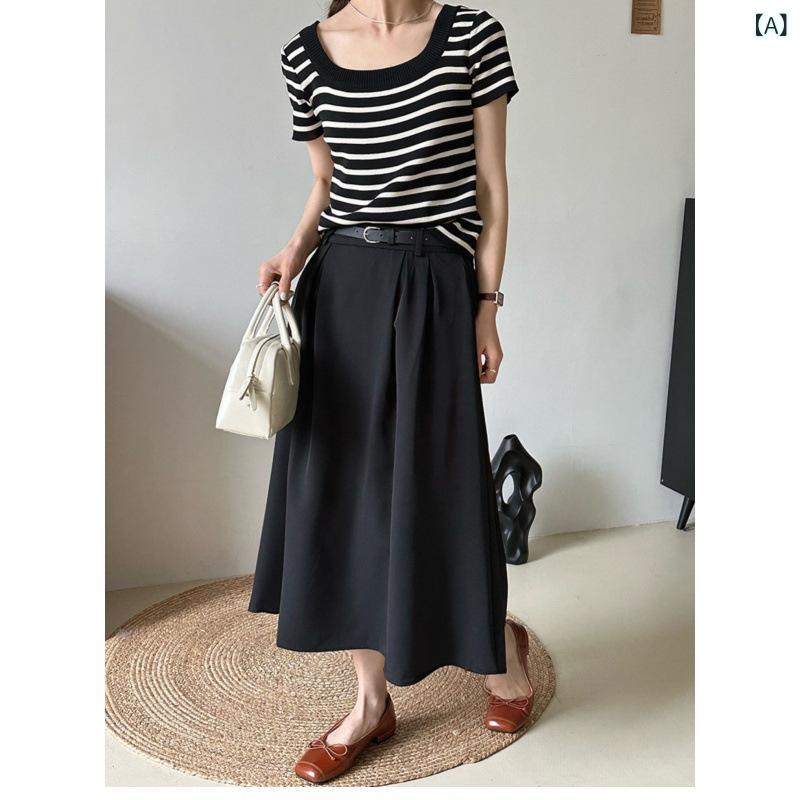 Long-Sleeved Knit - ニットTシャツ レディース 春夏 ストライプ柄 薄手 半袖 スクエアネック 鎖骨見せ コンパクト丈 フレンチシック 上品 エレガント レーヨン混 トップス 通勤 オフィス デイリーユース