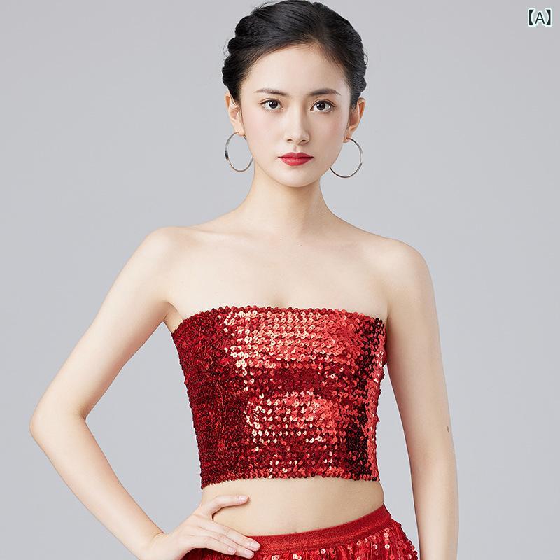 トップス レディース セクシー スパンコール ベアトップ ビスチェ ハロウィン 舞台 衣装 コスチューム ..