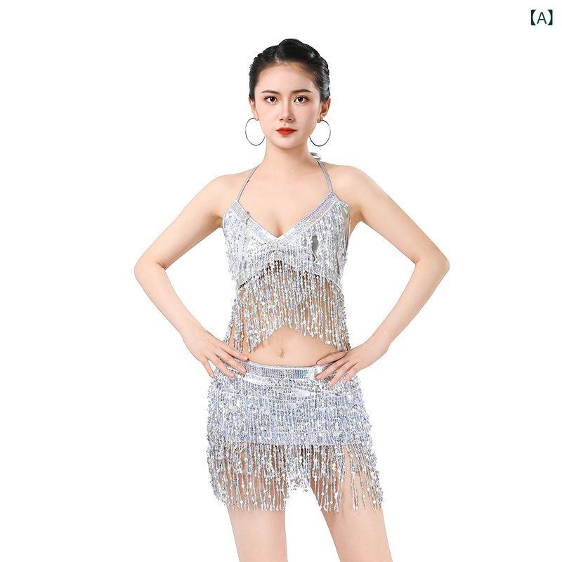 ダンス衣装 レディース ベリーダンス スパンコール フリンジ セットアップ トップス スカート ヒップスカーフ 舞台 イベント クラブ ステージ パフォーマンス...